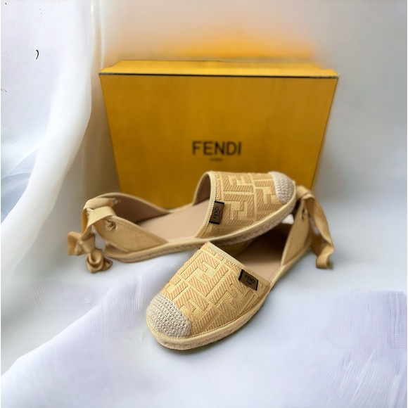 Fendi Yellow FF Logo Embroidered Fabric Ankle Wrap Espadrille Flats - Picture 2 of 7